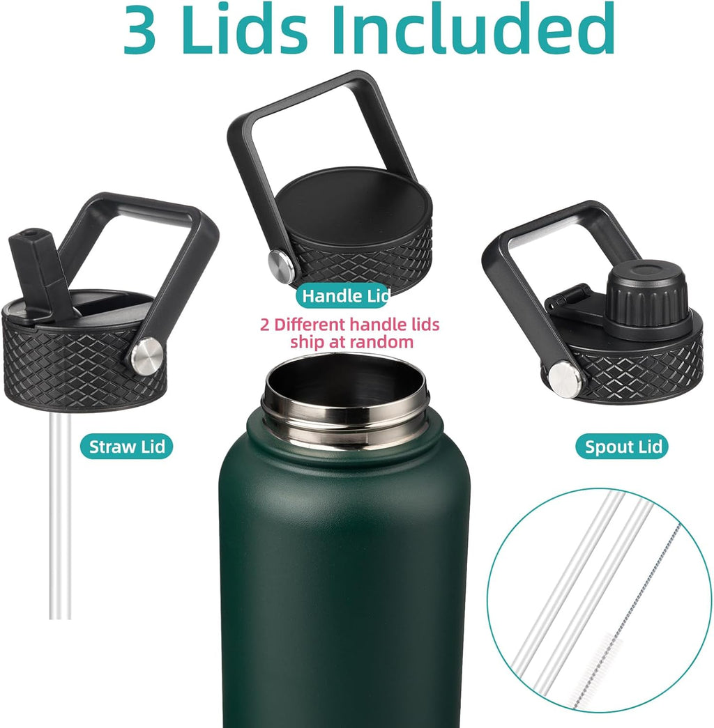 40oz Insulated Water Bottle Stainless Steel Sport Bottles with 3 Lids,Army Green