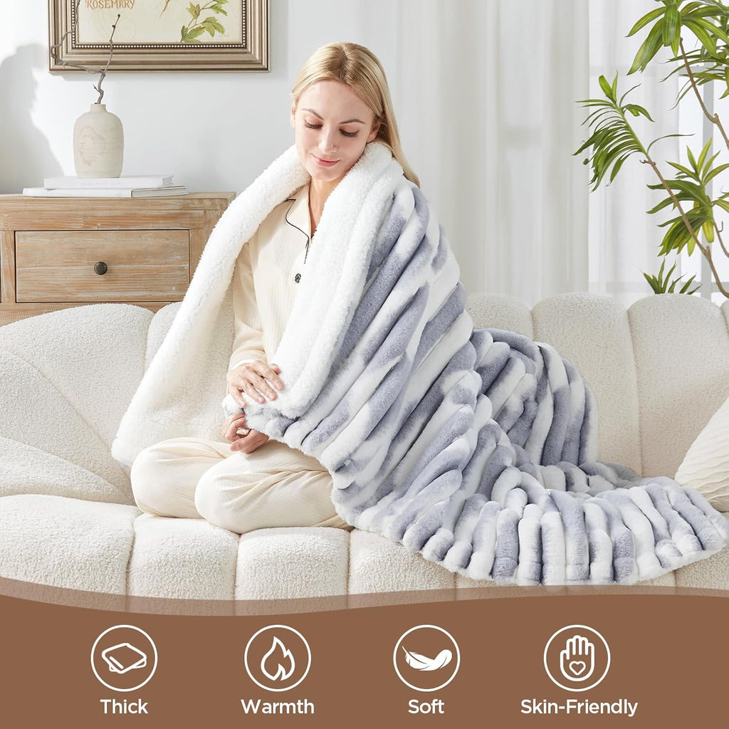 Westinghouse Electric Blanket Heated Throw, Super Cozy Luxury Faux Fur & Sherpa with 6 Heating Levels & 2-10 Hours Auto Off, Fast Heating & Overheat Protection, 50x60 Inch, Blue Gray