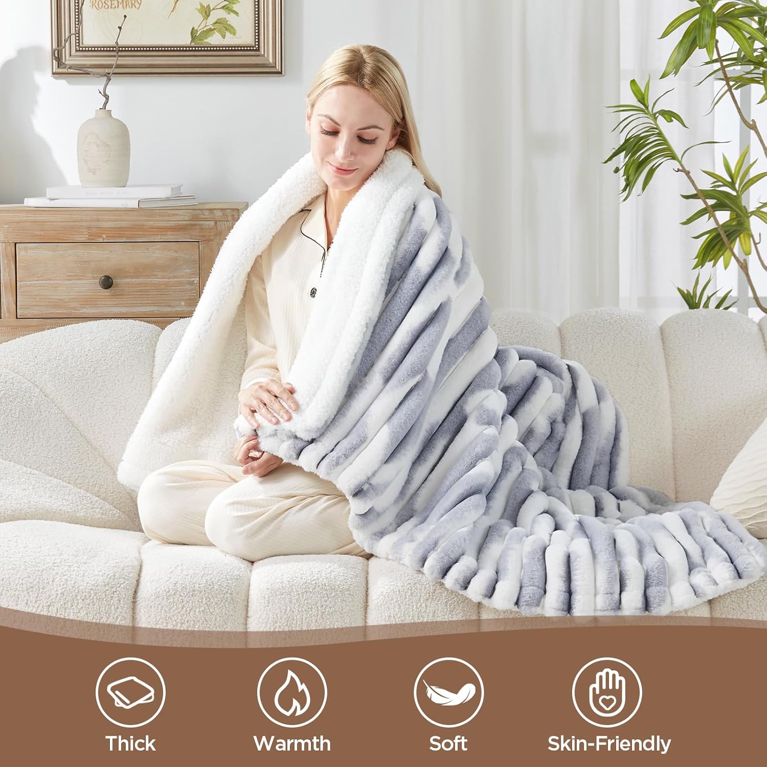 Westinghouse Electric Blanket Heated Throw, Super Cozy Luxury Faux Fur & Sherpa with 6 Heating Levels & 2-10 Hours Auto Off, Fast Heating & Overheat Protection, 50x60 Inch, Blue Gray