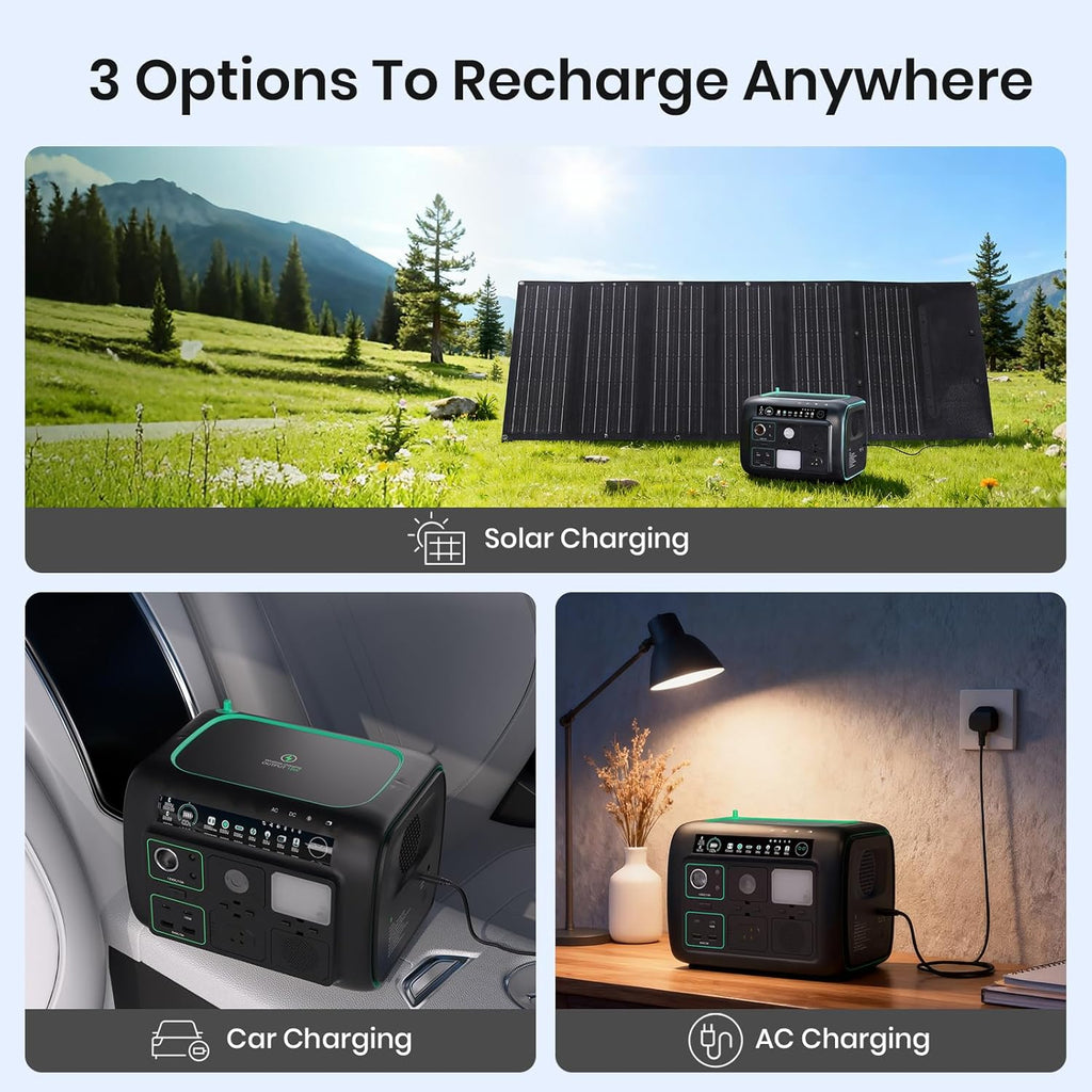 Portable Power Station, with Snap-on Light, Speaker & Charger, 800W Solar Generator, 512Wh Outdoor Power supply for Camping RV hiking, 100W USB-C Output, 3 AC Outlets