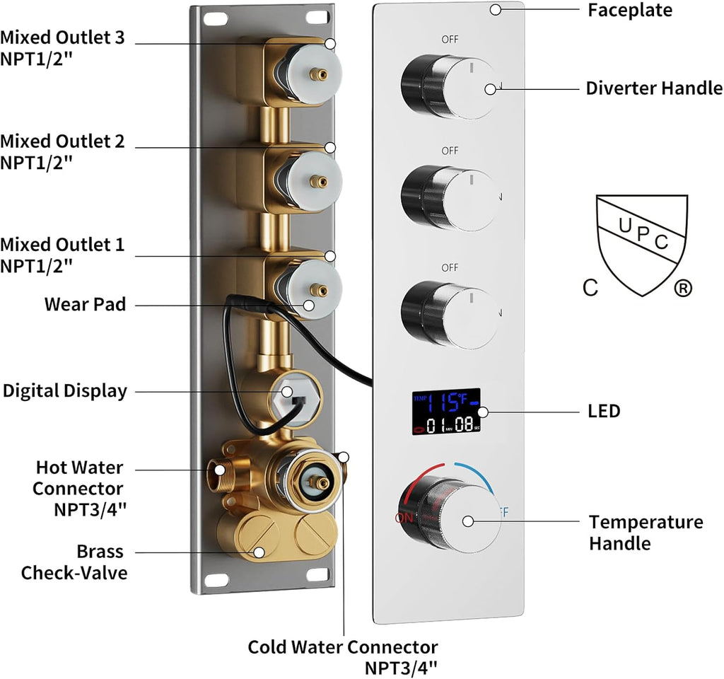 Brass Temperature Shower Diverter Valve Chrome 3 Way Outlets Concealed Digital Display Shower Mixer Valve Kit Bathroom Shower Diverter On Off Flow Control Replacement Valve