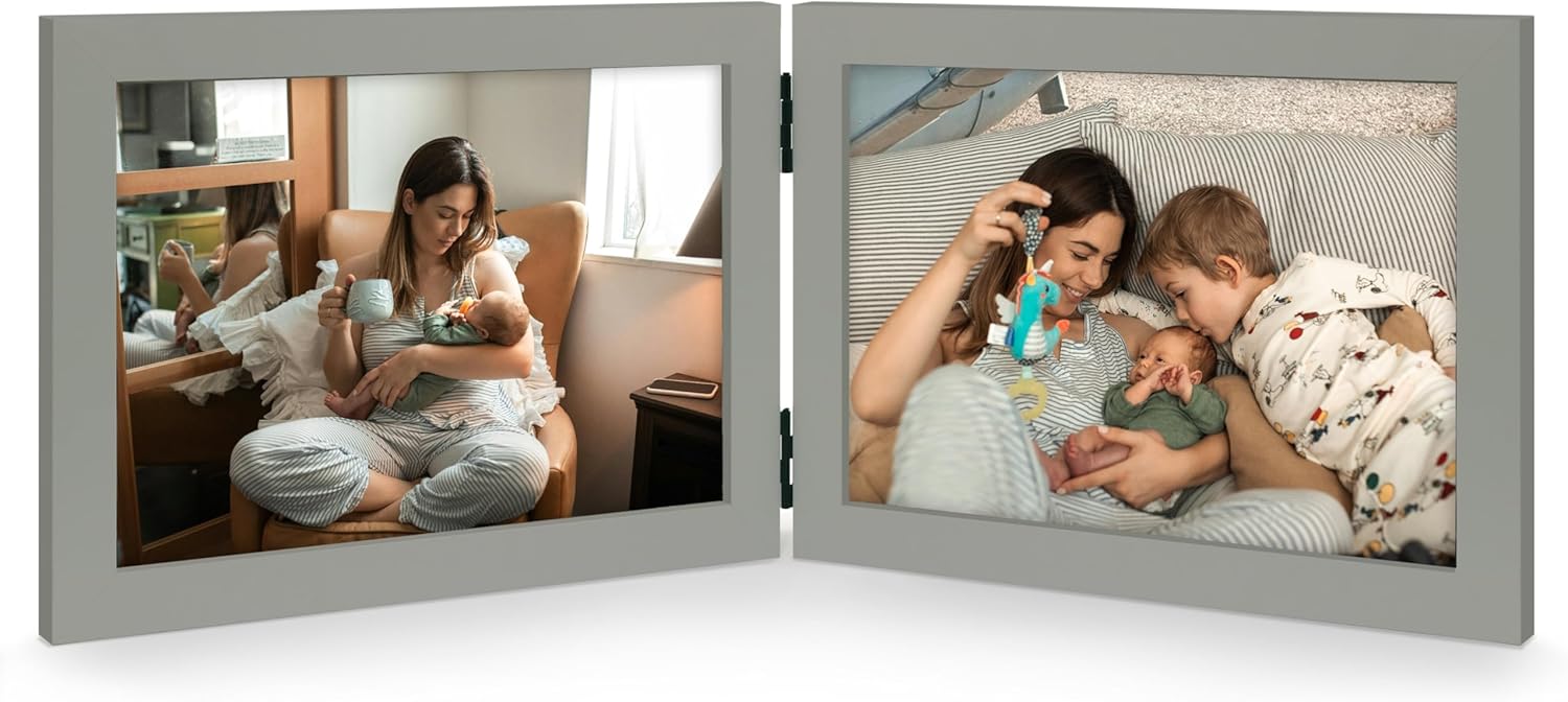 Double 5x7 Horizontal Combo, Grey Wood Picture Frame, 4.5x6.5 Opening Foldable Landscape View Photo Frame on Table-top or Wall
