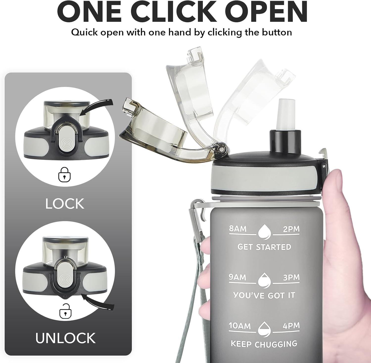 Enerbone Water Bottle, Leakproof BPA & Toxic Free, Motivational Water Bottle with Times to Drink and Straw, Fitness Sports Water Bottle with Strap for Office, Gym, Outdoor Sports