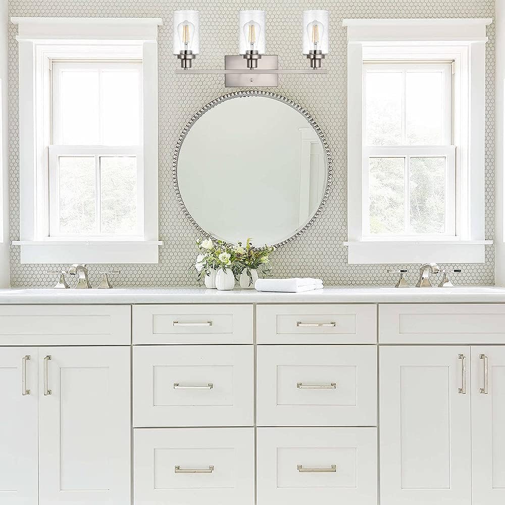 Bathroom Light Fixtures 3-Lights Seeded Glass in Brushed Nickel Finish, 23.6-Inches Vanity Lighting Bath Wall Mount Lamp for Kitchen Living Room Workshop