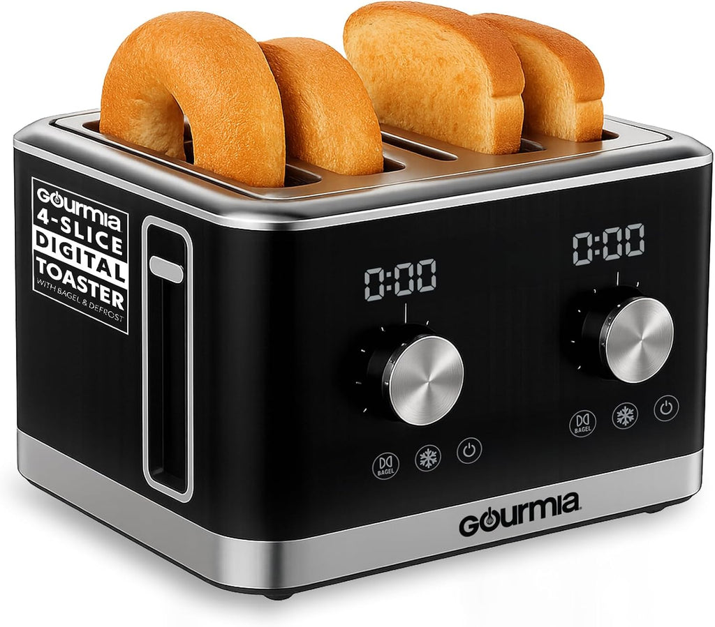 Gourmia 4 Slice Toaster, Double-Sided – Dual Independent Controls, Bagel, Defrost & Reheat Mode, 6 Browning Levels, Extra Wide Slots, Removable Crumb Tray, Compact Design, Black