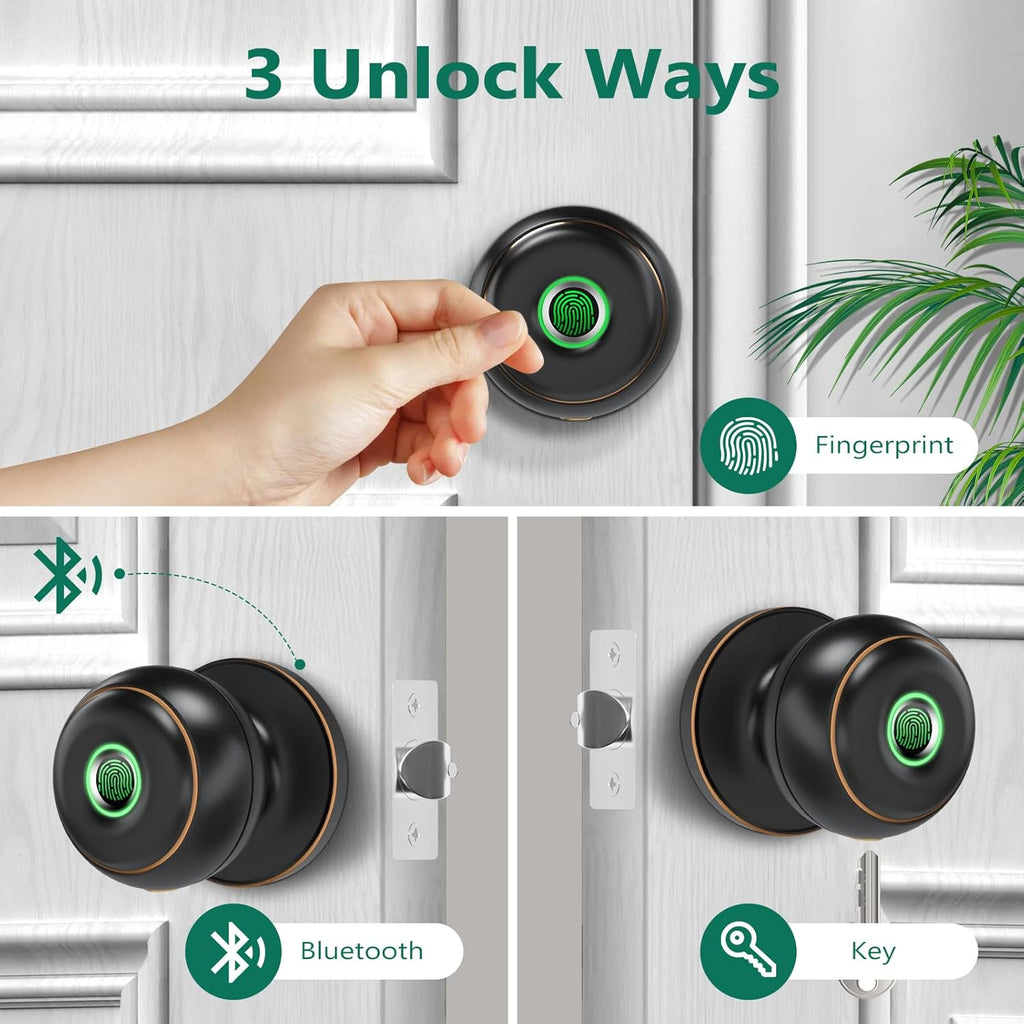 GeekTale Fingerprint Door Lock, Smart Lock with App, Biometric Door Lock, Thumbprint Door Knob, Smart Fingerprint Door Knob for Bedroom, Office, Apartment