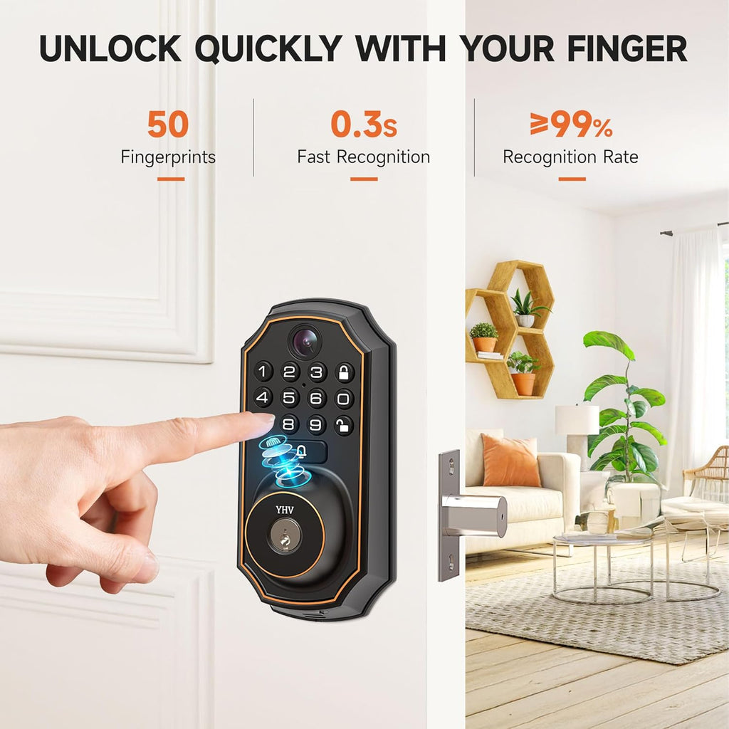 Keyless Entry Door Lock with Camera Fingerprint Smart Door Lock with App Remote Control, Wi-Fi Connected Electronic Keypad Code Deadbolt Auto Unlock for Front Door