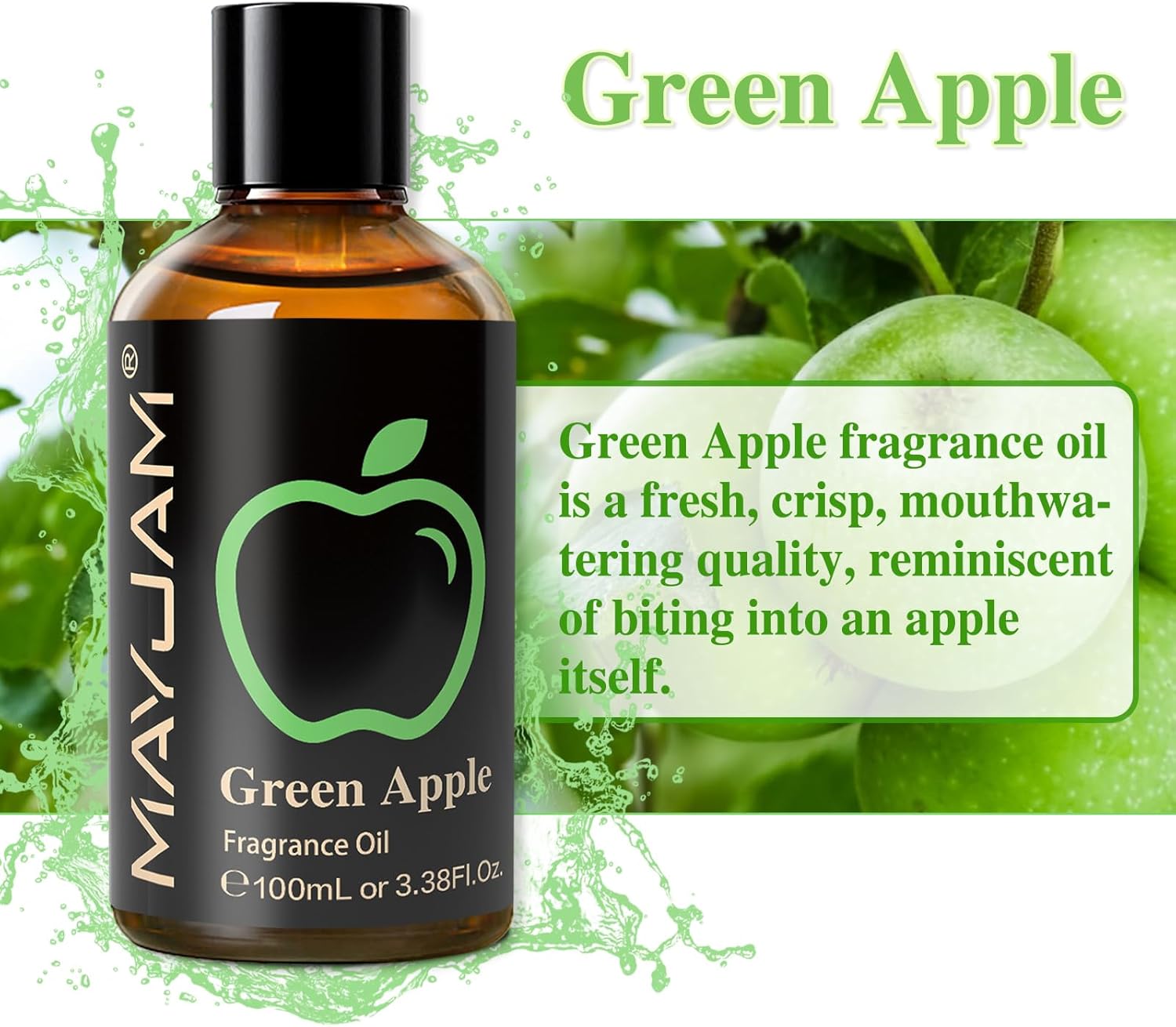 MAYJAM 3.38FL.OZ Green Apple Fragrance Oils with Glass Dropper, 100ML Essential Oils for Diffusers for Home, Long Lasting Scented Oils for Diffusers Soap Candle Making