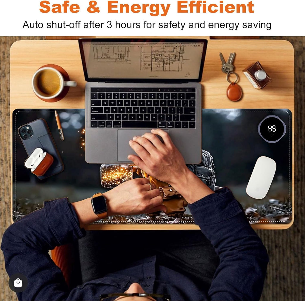 Heated Mouse Pad for Desk 31.5" x 13" – PU Leather Warm Desk Pad with 3 Heat Levels (104°F/113°F/122°F), Plug-in Electric Heating Mat with Auto Shut-Off, Waterproof & Rollable, Mouse with Lantern