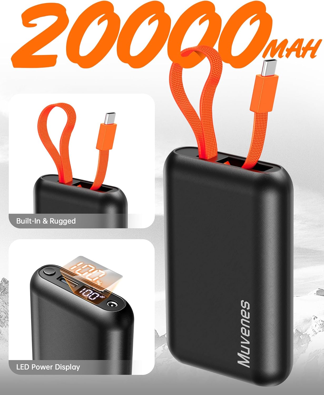 7.4V 20000mAh Heated Vest Battery Pack Compatible with ORORO, with Venustas, Rechargeable Outdoor Power Bank with Built-in USB-C Cable, DC/USB Ports for Heated Vests, Jackets, and Pants