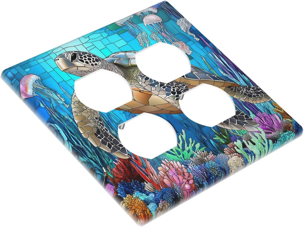 Outlet Covers Nautical Sea Turtle Coral Jellyfish 2 Gang Double Duplex Decorative Light Switch Covers Electrical Wallplates Socket Faceplate For Kids Room Nursery Decor