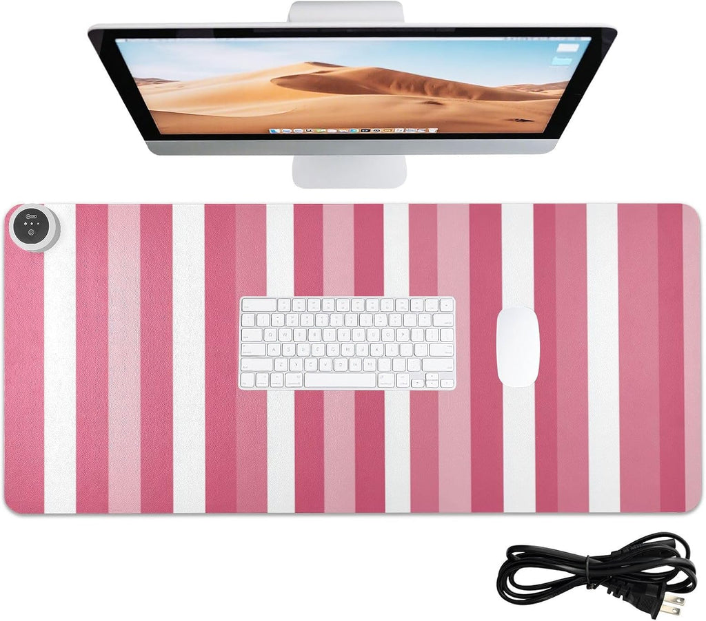 Heated Desk Pad Mouse Pad 31.5x13 Inch PU Leather Desk Mat with 3 Heat Levels Large Mouse Gaming Computer Laptop Mat Pink and White Stripes