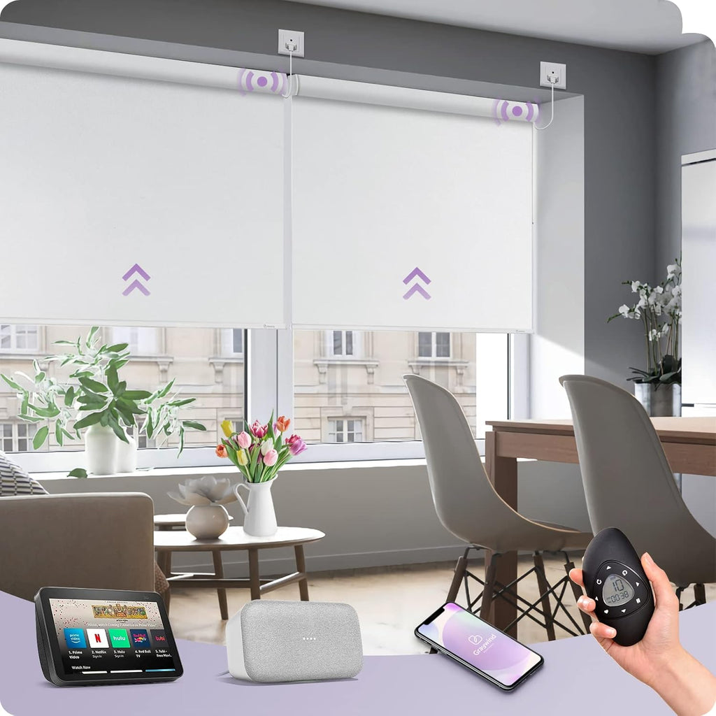 Graywind Motorized Shades 100% Blackout Compatible with Alexa Google WiFi Smart Hardwired Window Shade Remote Control Thermal Insulated Electric Blinds, Customized Size (WhiteSmoke)