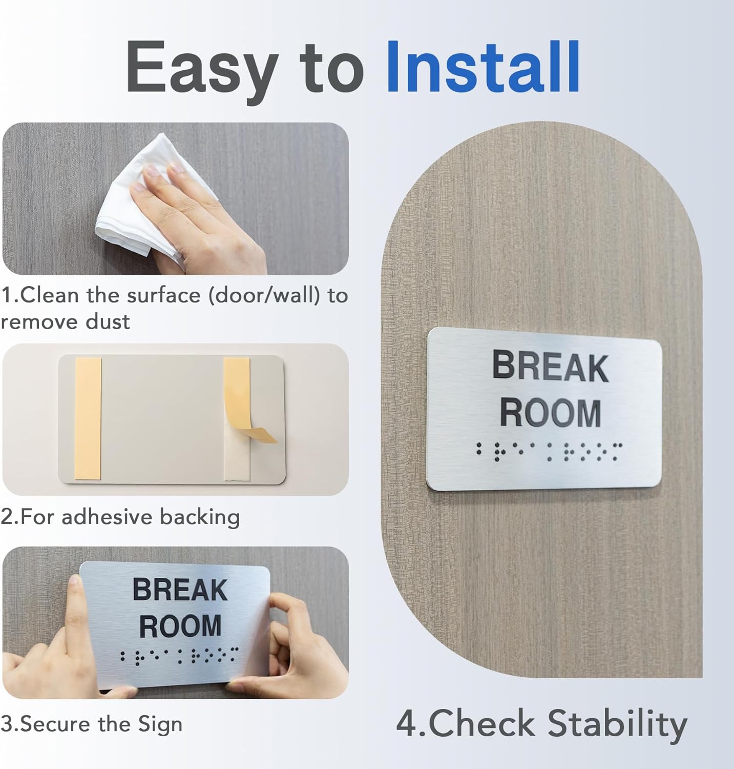 Break Room Signs with Raised Text & Grade 2 Braille, Brushed Aluminum/Silver Finish Easy Install with Double-Sided Tape, ADA Compliant Break Room Door Sign for Businesses & Offices