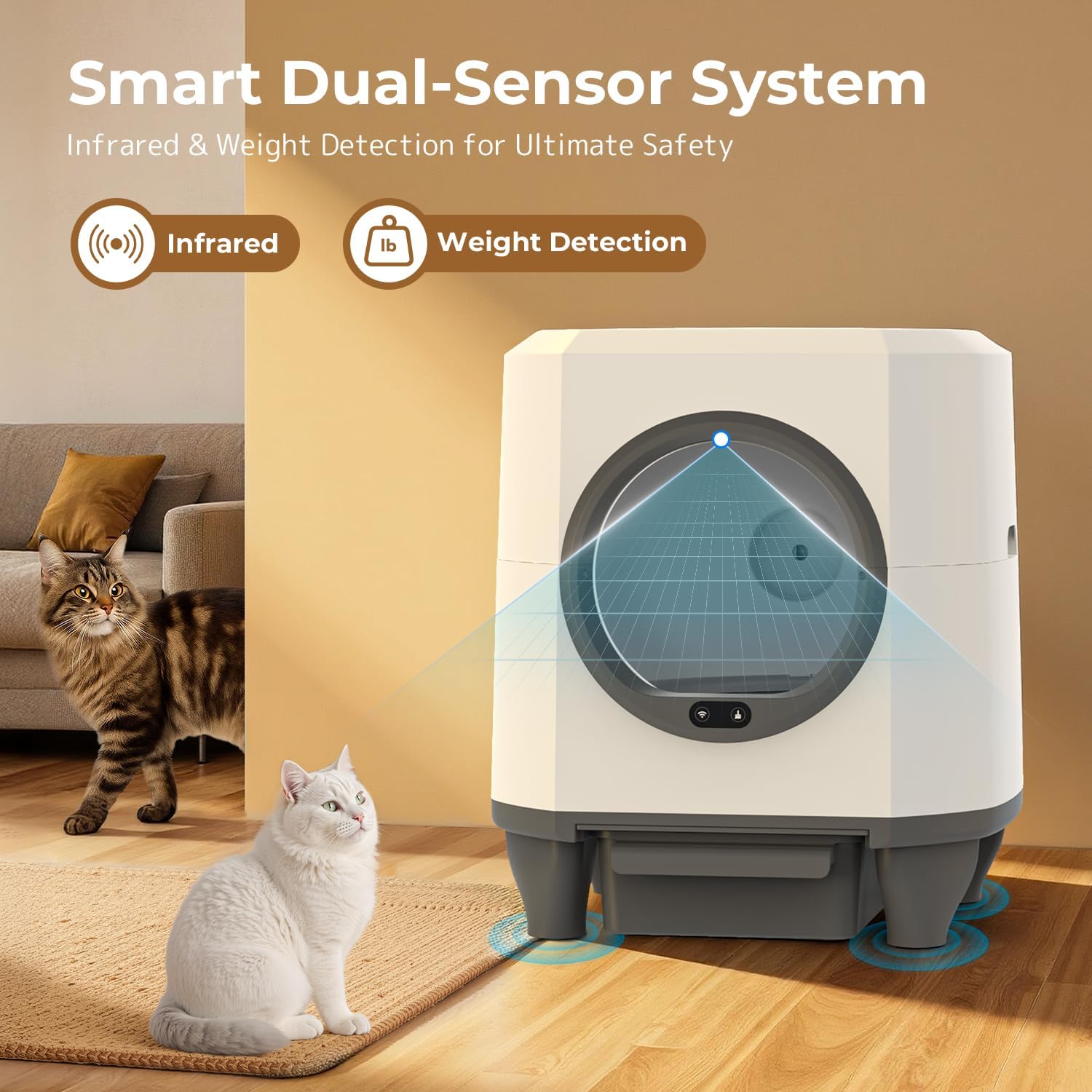 OROLEY Self Cleaning Litter Box, Large Capacity Automatic Cat Litter Box with APP Control, Safety Sensors, Built-in Deodorizing Scent Box, and 1 Roll Garbage Bags ，White