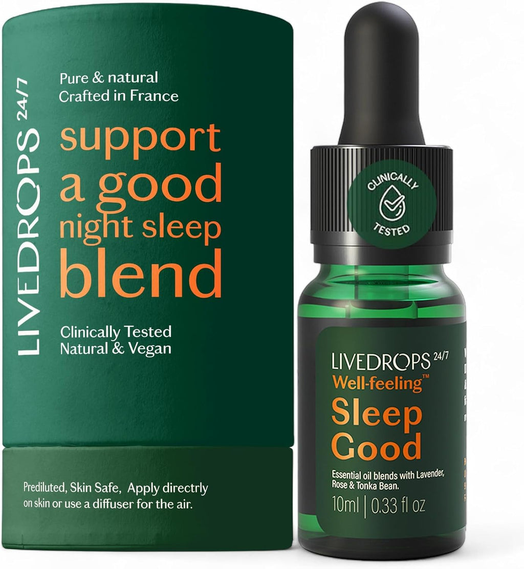 LIVEDROPS 24/7 Sleep Good Essential Oil Blend - Crafted in France - Lavender & Rose - Pure & Natural - Aromatherapy - Skin Safe & Diffuser Compatible - Clinically Tested