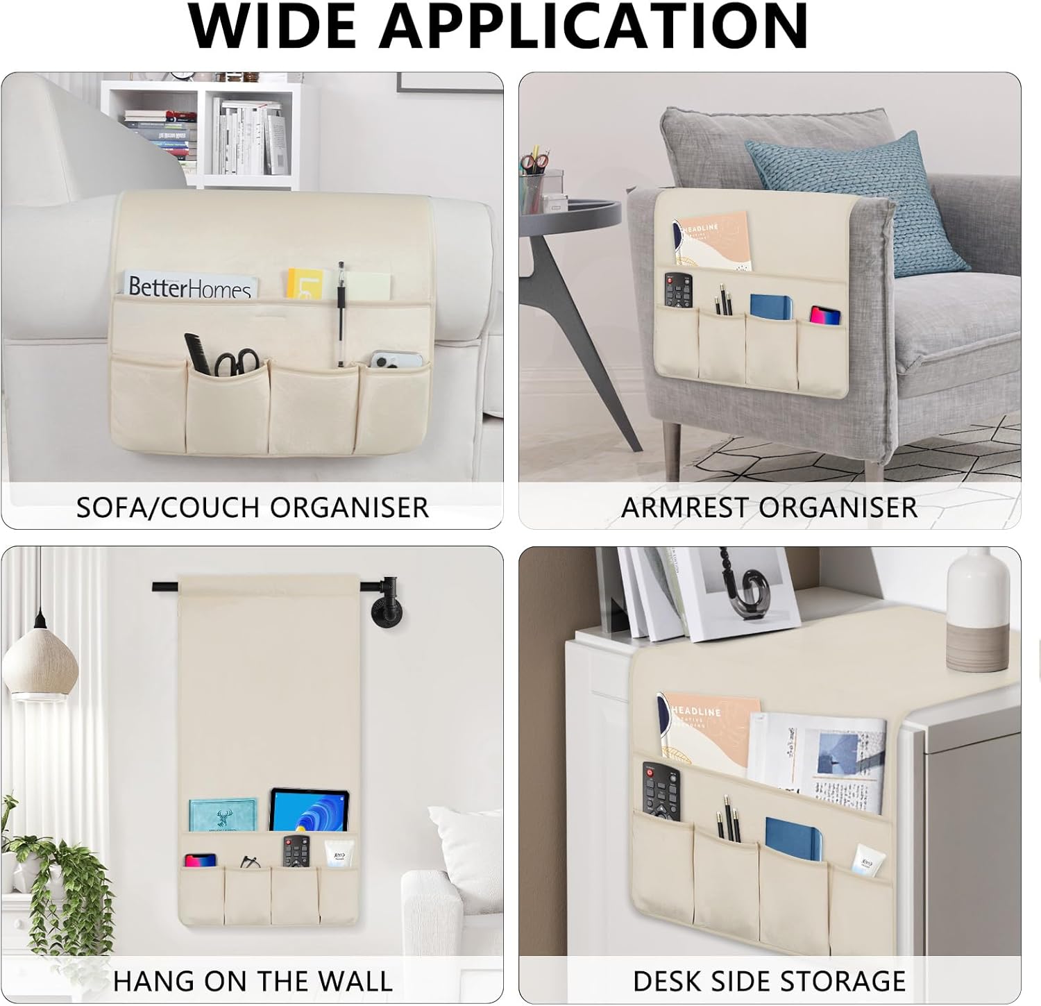 Remote Control Holder for Armchair，Couch Caddy Organizer TV Remote Holder for Bed Storage 5 Pockets，Remote Caddy Bedside Organizer Bedside Table Organizer (Beige, 35''x18'')