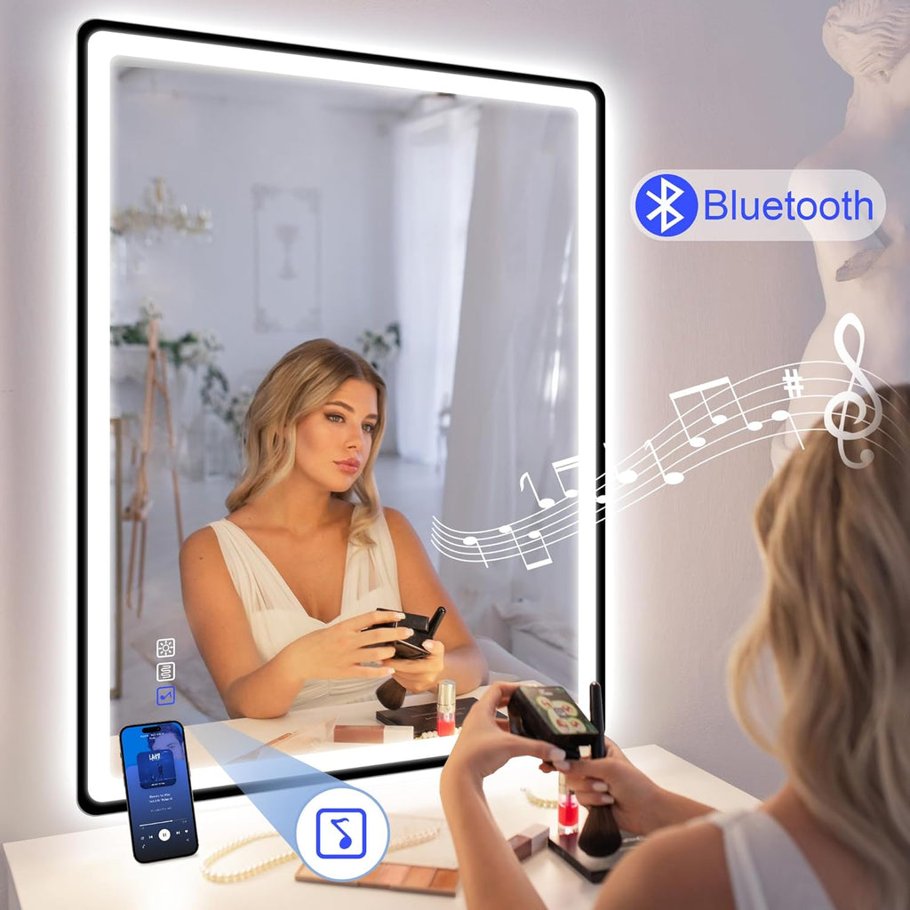 STARLEAD 28"x36" LED-Bathroom-Mirror-with-Lights, Wall-Mounted with Bluetooth, Anti-Fog, 3 Color Temperature Dimmable Brightness, Waterproof, Tempered Glass, Frontlit & Backlit, Black Frameless