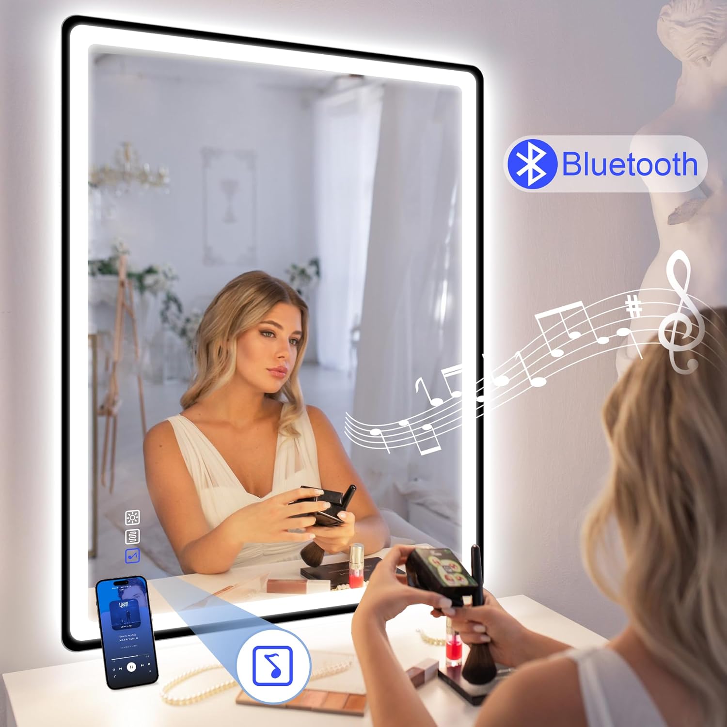 STARLEAD 28"x36" LED-Bathroom-Mirror-with-Lights, Wall-Mounted with Bluetooth, Anti-Fog, 3 Color Temperature Dimmable Brightness, Waterproof, Tempered Glass, Frontlit & Backlit, Black Frameless
