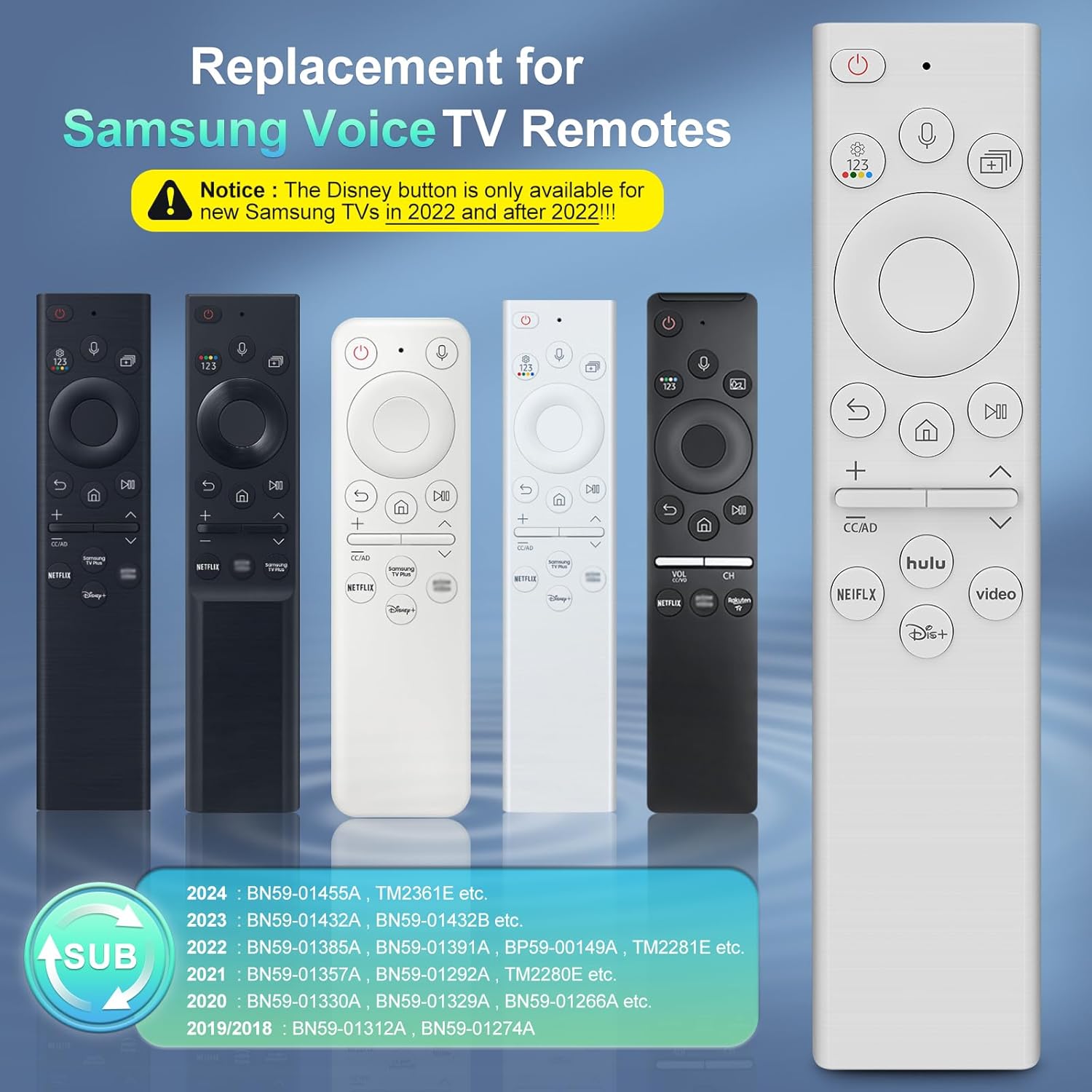 Replacement for Samsung TV Remote, for All 2018-2024 Samsung Remote Control for Smart TV with Voice Control. No Solarcell. 2-Year Warranty.