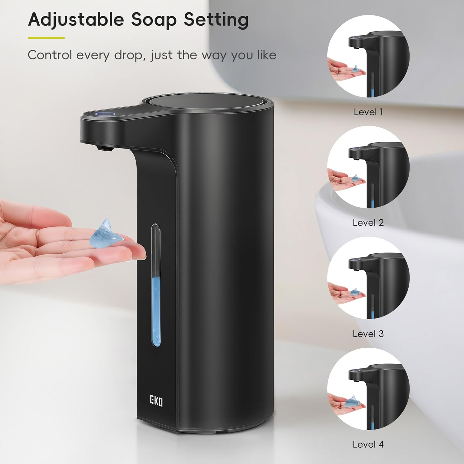EKO Aroma Pro 13.5 fl oz Touchless Automatic Liquid Soap Dispenser, Rechargeable Hand & Dish Soap Dispenser for Bathroom and Kitchen, Waterproof, Adjustable Volume Control (Matte Black)