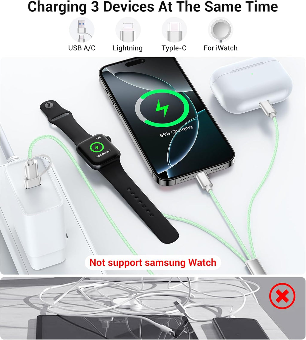 Temdan 2Pack for Apple Watch Charger, 3 in 2 Multi Charging Cable, iPhone Charger, USB A/Type C/Lightning Cable, Portable Travel Essentials Designed for iWatch Ultra/SE/11-1 & iPhone 17-12/ iPad-5Ft