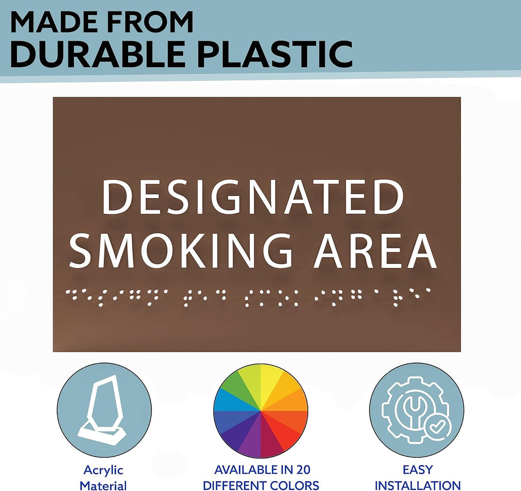 6" X4" Designated Smoking Area Sign - ADA Compliant Tactile Graphics Grade 2 Braille Text | Smoking Permitted Wall Signs for Offices, Private Businesses, Schools, and Restaurants
