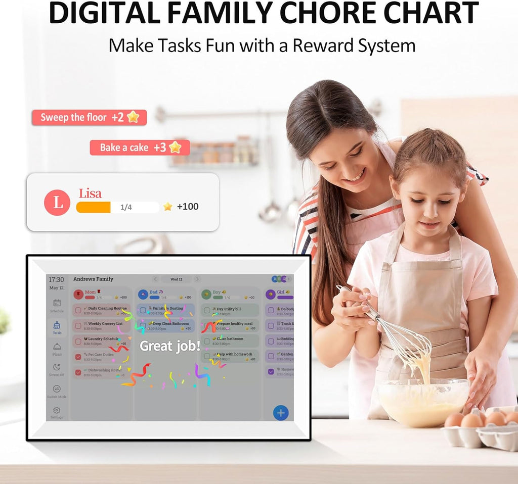 ASHATA 10.1 Inch Smart Digital Calendar, Touchscreen Family Planner with Chore Chart Meal Planner Auto Sync for Outlook, for iCloud, for Home Office Wall Mountable (US)