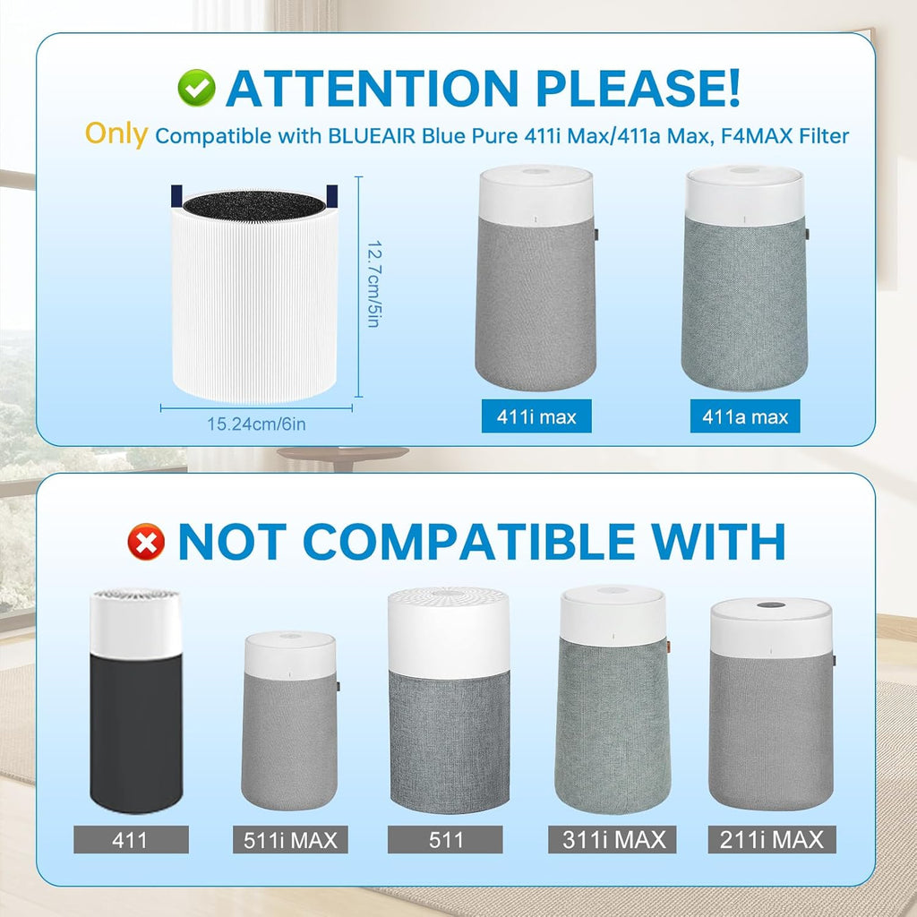 Blue Pure 411i/411a Max Replacement Filter Compatible with 411i/411a Max Air Purifier. Blue Pure F4MAX, 3-in-1 H13 Ture Filter and High-Efficiency Activated Carbon Filters, 2 Pack.