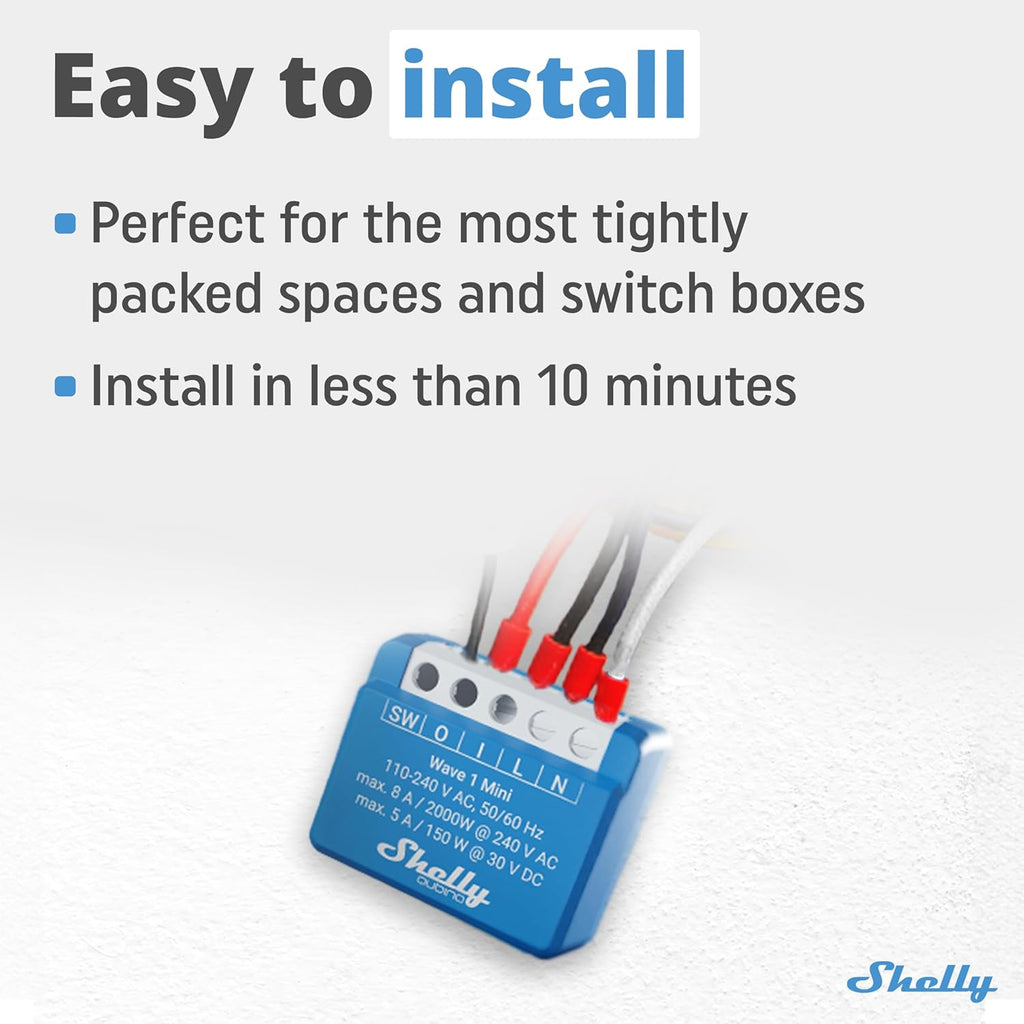 Shelly Wave 1 Mini US LR, Z-Wave Long Range Smart Switch Relay, 1-Channel 8 A with Dry Contacts, Compatible with Alexa, Google Home, SmartThings & Home Assistant, Bulletproof Security