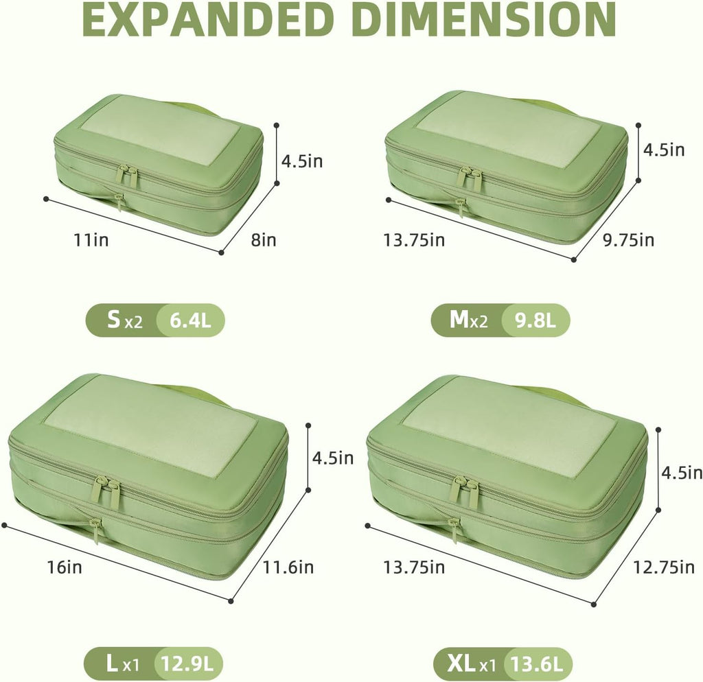 BAGAIL 4 Set/6 Set/8 Set Compression Packing Cubes Travel Accessories Expandable Packing Organizers (Square Mesh, 06-Matcha Green)