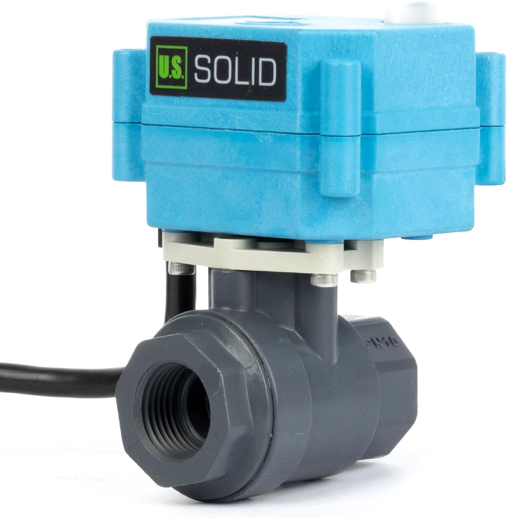 U.S. Solid 1/2 inch PVC Motorized Ball Valve - Plastic Electrical, US Plug, 2 Wire Auto Return, AC 110~230V, IP67, Manual Override, Normally Closed
