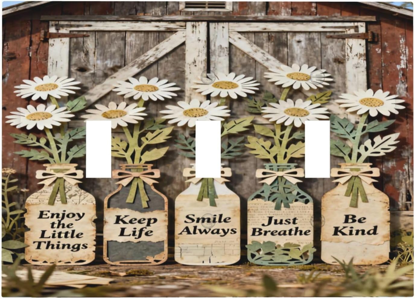 Rustic Daisy Barn Door Flowers 3 Gang Triple Toggle Decorative Light Switch Covers Electrical Faceplate Switch Plates for Bathroom Kitchen Home