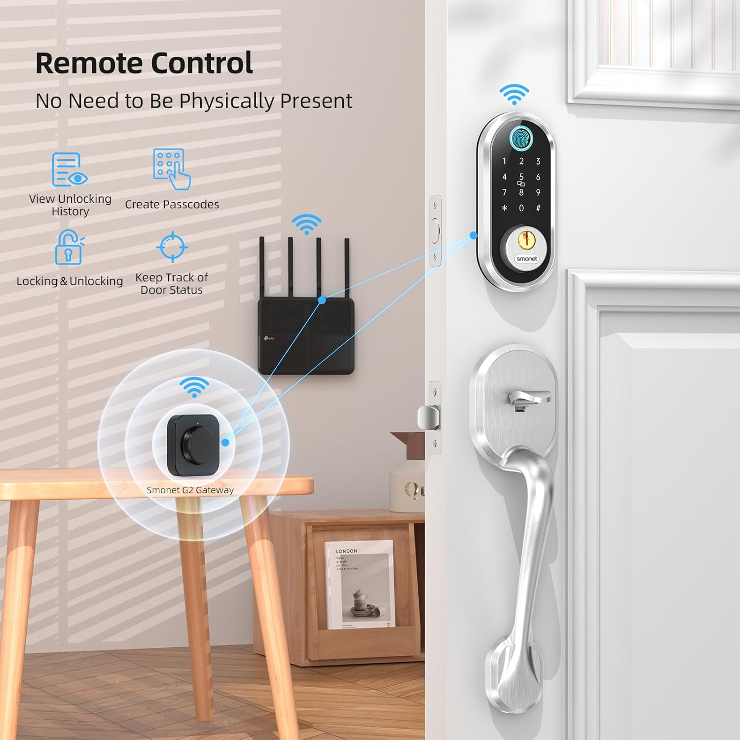Smart Door Lock Keyless Deadbolt: SMONET Smart Locks for Front Door Fingerprint Keyless Entry Electronic Digital Bluetooth Key Fob Code APP Touch keypads Compatible with Alexa