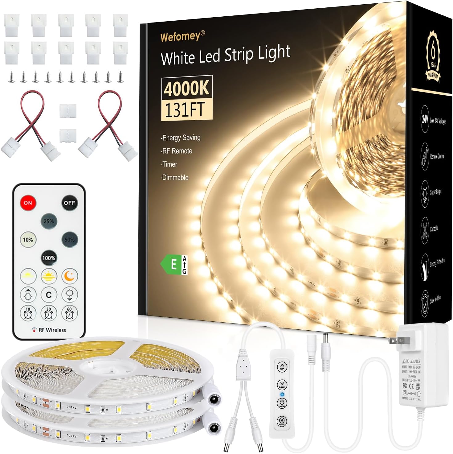 White LED Strip Lights, 131ft Dimmable 24V LED Lights Strip 4000K Bright Natural White, Flexible Tape Lights for Bedrooms, Kitchen, Cabinet, Christmas Decor, 2 Rolls of 65.6ft