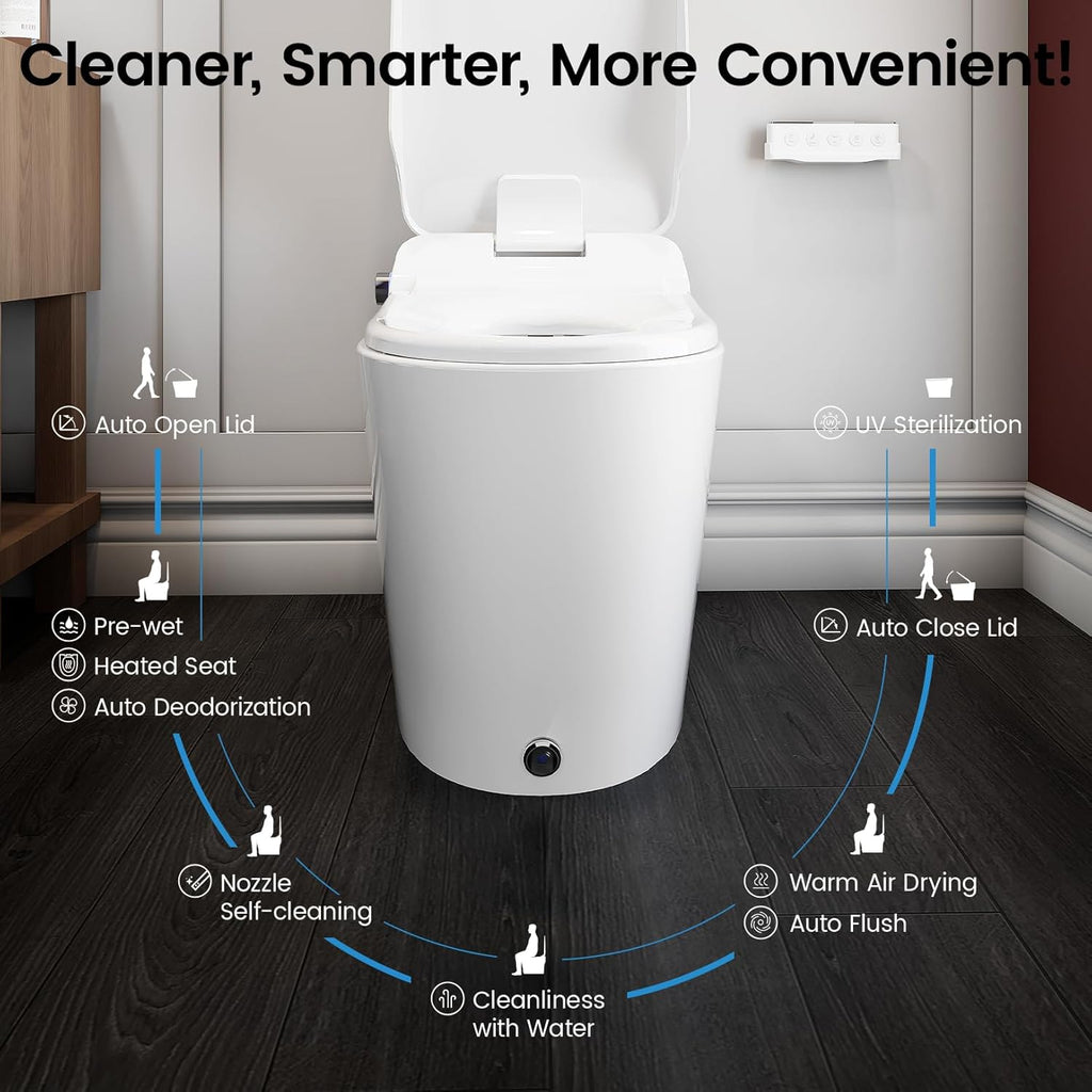 Smart Toilet with Built-In Bidet, Auto Open and Close Lid, Heated Seat, Warm Air Dryer, Night Light, 1.06 GPF Powerful Auto Flush and Blackout Flush, Easy Operation by Knob, Remote, Kick Button
