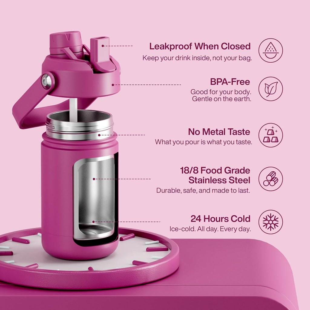 Kids Insualated Water Bottle with Straw - 12oz Stainless Steel Water Bottle with Dual Spouts, Leak-Proof, BPA-Free, Double Wall Vacuum Keeps Cold for 24 Hours for Sports, Travel, School (Turkish Rose)