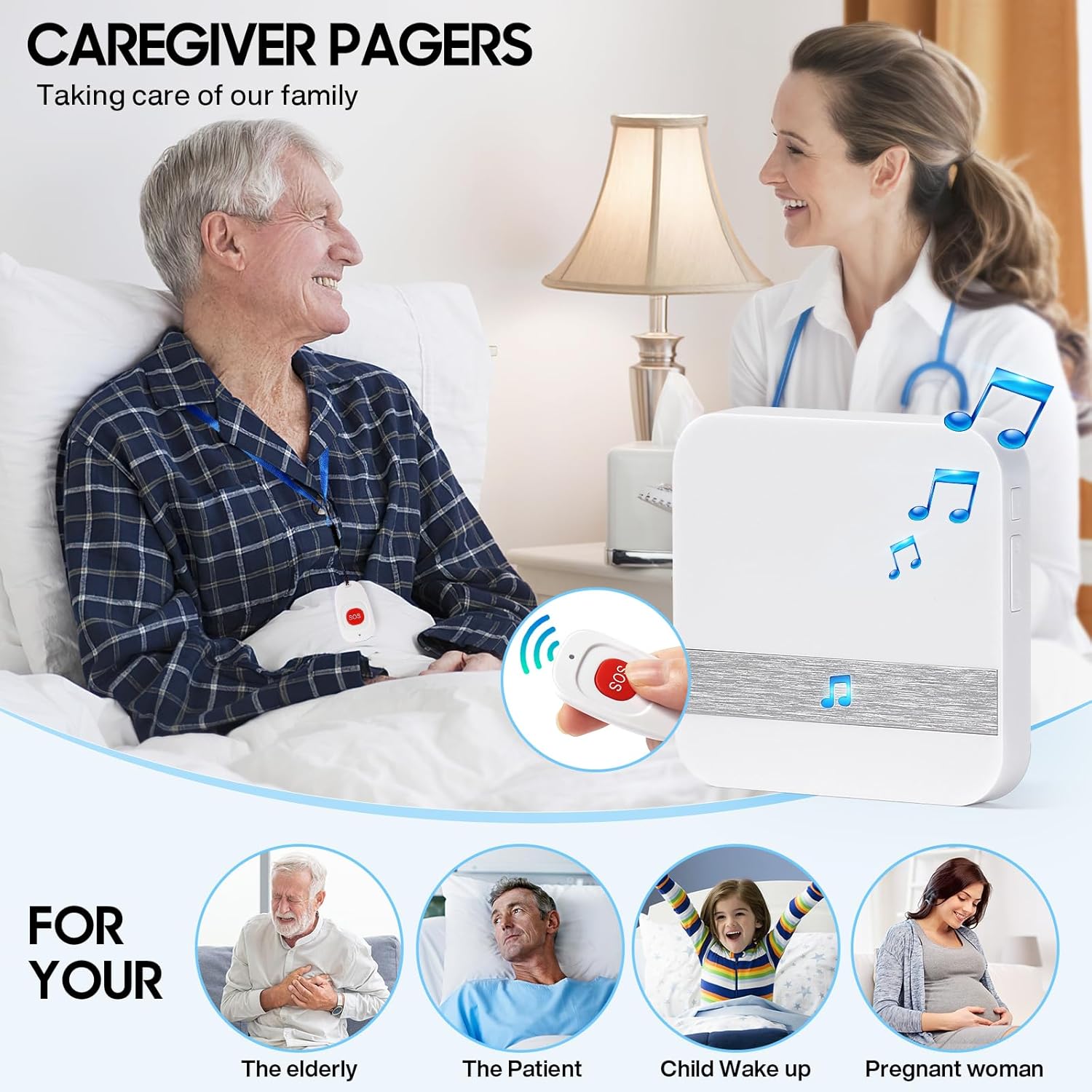 Caregiver Pagers Wireless Call Button for Elderly Patient Personal in Home Life Alert System for Seniors Range 260ft/80Menter,60 Ringtones (3 Call Buttons + 2 Receivers)