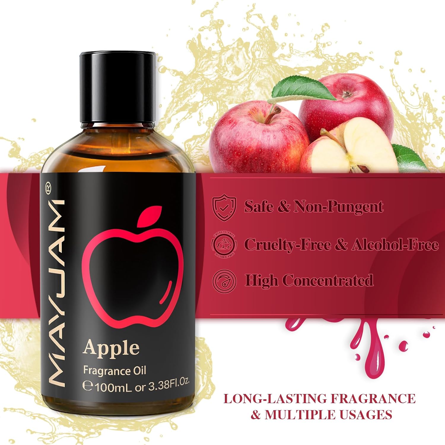 MAYJAM 100ML/3.38FL.OZ Apple Fragrance Oils with Glass Dropper, Essential Oils for Diffusers for Home, Long Lasting Scented Oils for Diffusers Soap Candle Making