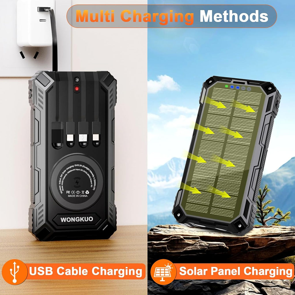 WONGKUO Solar Charger Power Bank - 49800mAh Solar Phone Charger with USB-C in/Output, QC 3.0 Fast Charging with LED Flashlight, Built-in 4 Cables, IP65 Waterproof Fits for Outdoor (Flash Black)