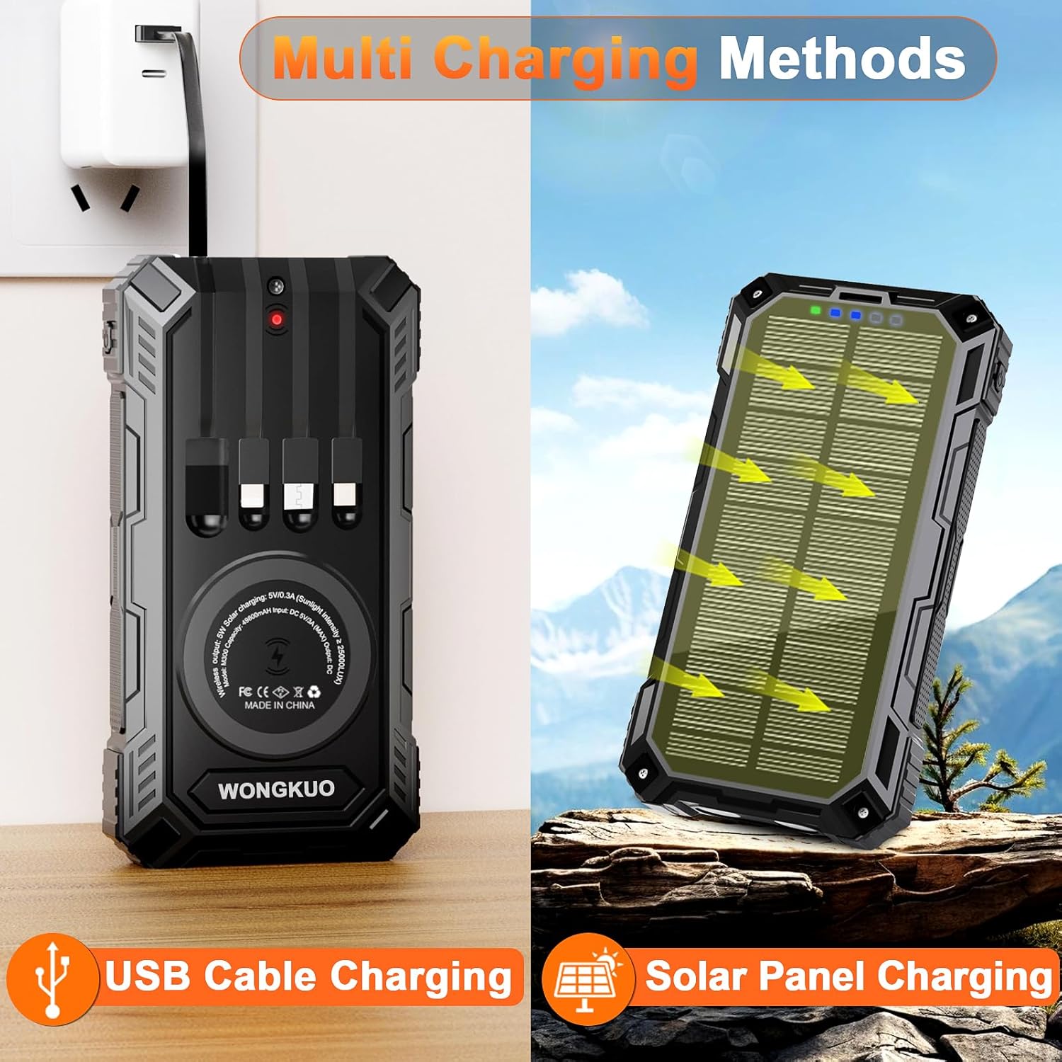 WONGKUO Solar Charger Power Bank - 49800mAh Solar Phone Charger with USB-C in/Output, QC 3.0 Fast Charging with LED Flashlight, Built-in 4 Cables, IP65 Waterproof Fits for Outdoor (Flash Black)