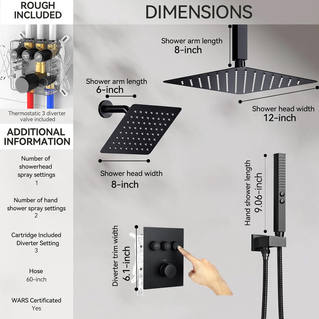 Thermostatic Shower Systems Matte Black Shower Faucets Sets, STARBATH 12+ 8" Wall Mount Rain Shower and 2 in 1 Handhled, Can Use All at Once, Push Button 3 Modes Valve and Trim Kit Complete Shower Set