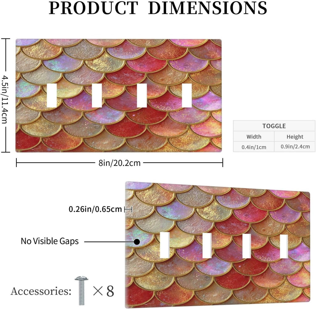 Mermaid Glitter Scale Rainbow Gold Fish Scales Light Switch Covers Quad Toggle Electrical Faceplate 4 Gang Wall Plate Decorative Switch Plates for Bed Room Home Decor