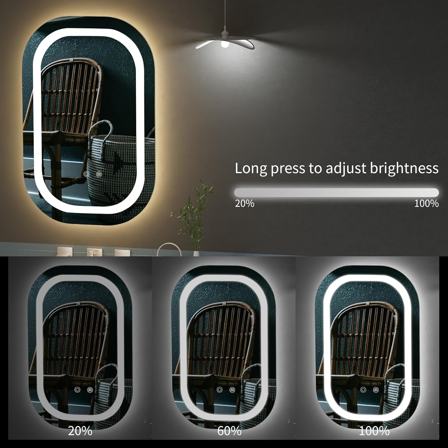 40" x 24" LED Bathroom Mirror with Lights, Lighted Bathroom Mirrors 3 Colors Temperature Dimmable Wall Mirror, Backlit + Front Lit, Anti-Fog Lighted Vanity Mirror, Memory Waterproof