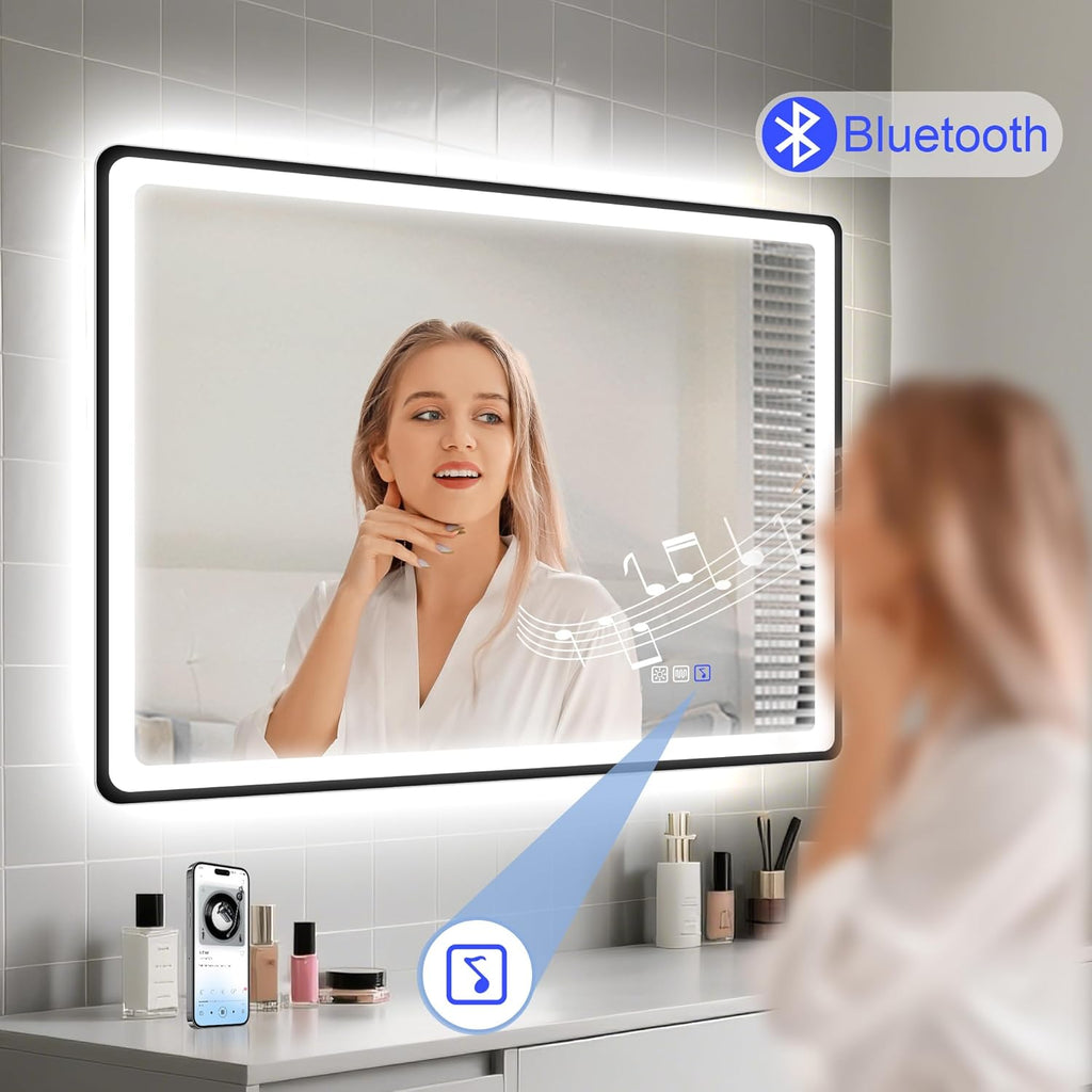 STARLEAD 24"x32" LED-Bathroom-Mirror-with-Lights, Wall-Mounted with Bluetooth, Anti-Fog, 3 Color Temperature Dimmable Brightness, Waterproof, Tempered Glass, Frontlit & Backlit, Black Frameless
