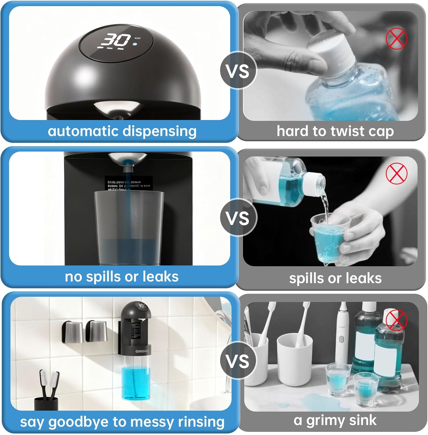 Upgraded Automatic Mouthwash Dispenser with 4 Dispensing Levels for Bathroom-GIMUBABA Smart Mouth Wash Dispenser Sets with 20.3 FL Oz Container,2 Cups & Wall Mount Accessories for Kids & Family(black)