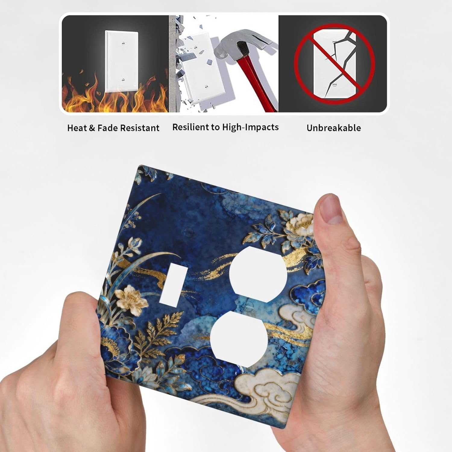 Decorative Outlet Covers Blue White Flower Gold Line Cloud 2 Gang Light Switch Cover Plate Single Toggle Duplex Wall Plates for Electrical Outlets Switch Plate Covers for Home Decor