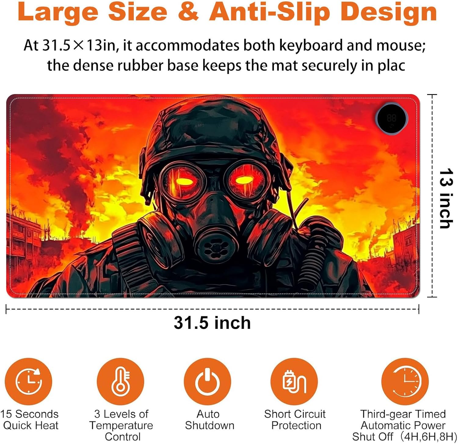 Heated Mouse Pad for Desk 31.5" x 13" – PU Leather Warm Desk Pad with 3 Heat Levels (104°F/113°F/122°F), Plug-in Electric Heating Mat with Auto Shut-Off, Waterproof & Rollable, Mask Soldier