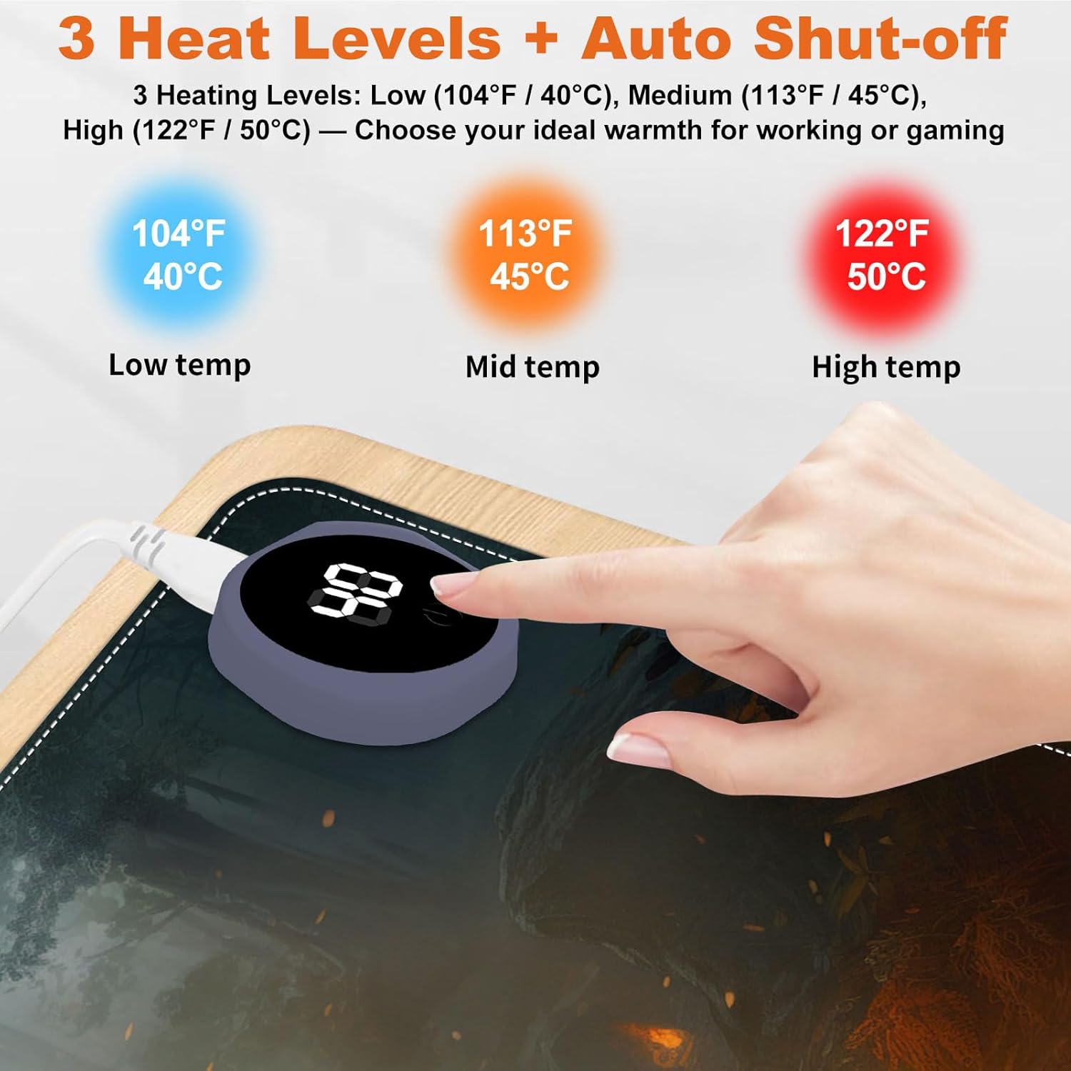 Small Heated Desk Pad 23.6" x 14.2" – Compact Electric Mouse Pad with 3 Heating Levels, Auto Shut-Off, Waterproof PU Surface, Plug-in Warmer for Office or Home Use, Fire Warrior