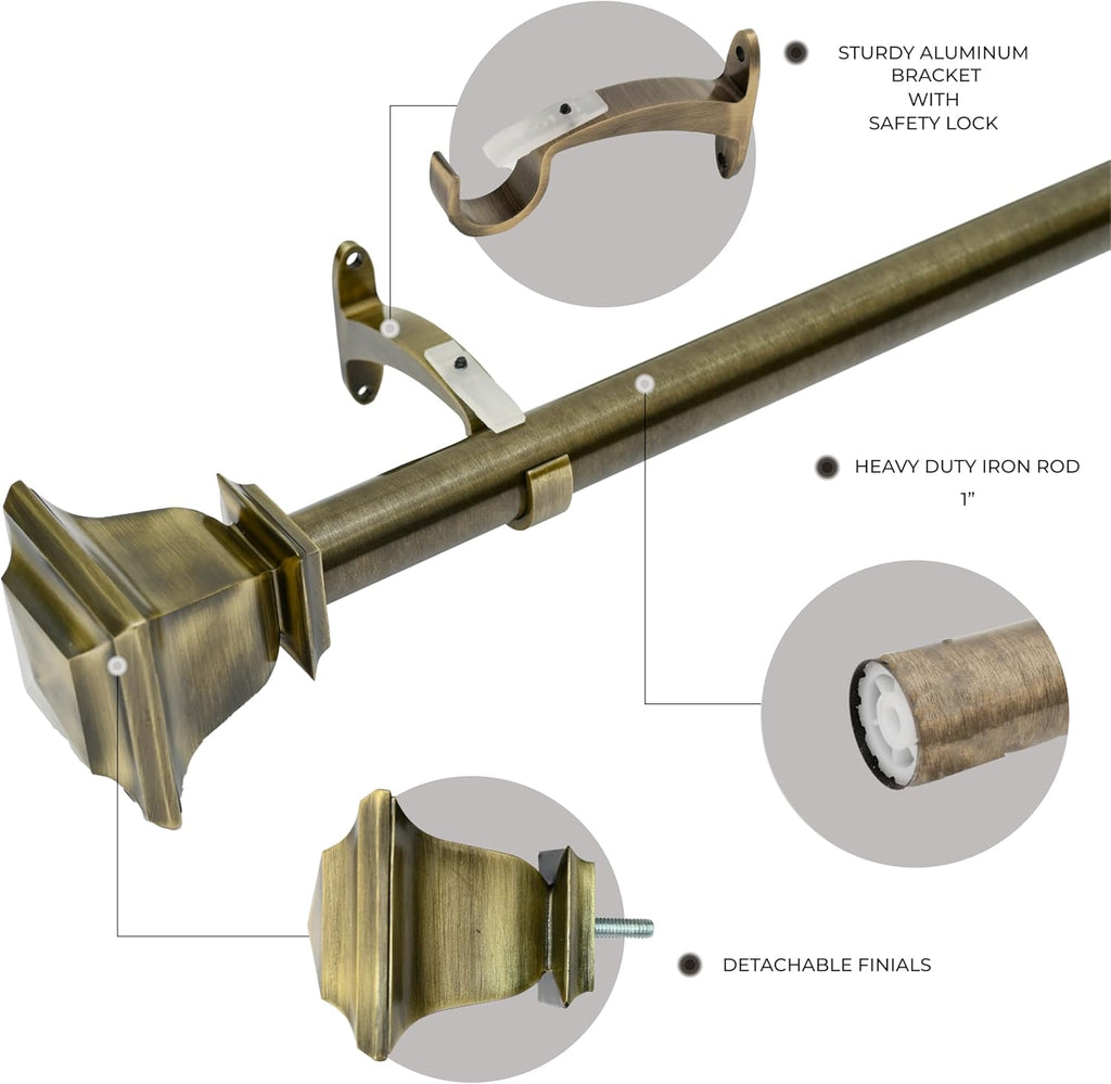Deco Window Adjustable Curtain Rod for Windows 18 to 44 Inch (Pack of 1) Extendable Heavy Duty 1 Inch Iron Drapery Pole with Finials Wall Mounted French Door Curtain Rods (Brass)